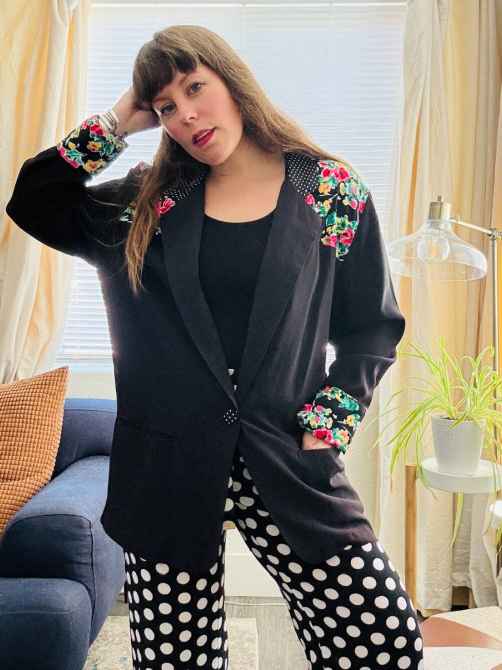 Vintage Lightweight Blazer 90s Paris Sport Club Black Floral Polka Dot | L/XL